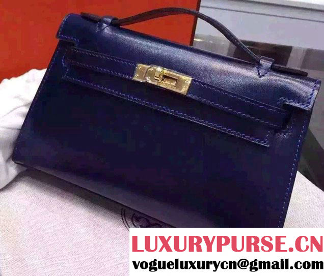 Hermes Mini Kelly 22 Box Leather Clutch Bag Dark Blue