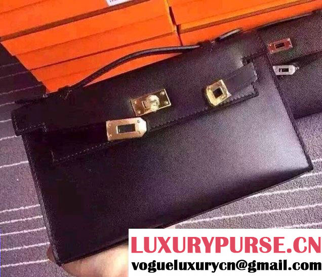 Hermes Mini Kelly 22 Box Leather Clutch Bag Black