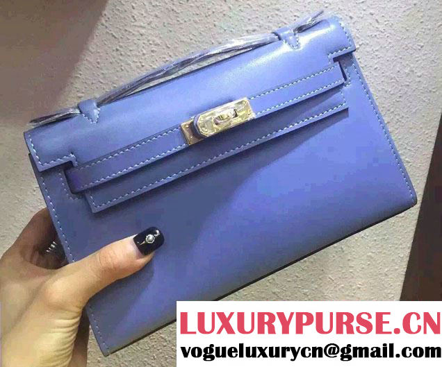 Hermes Mini Kelly 22 Box Leather Clutch Bag Sky Blue