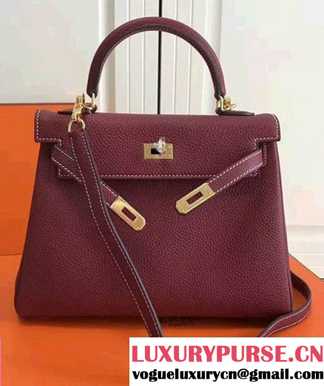 Hermes Kelly 25cm In Original Calfskin Leather Bag Burgundy