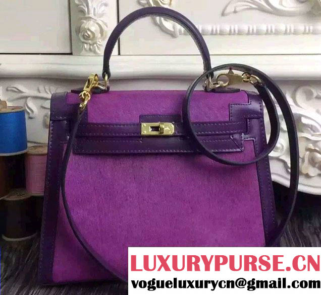 Hermes Kelly 25/28 Pony Hair And Box Leather Bag Purple 2015/2016