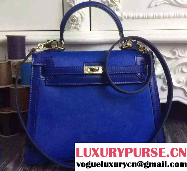 Hermes Kelly 25/28 Pony Hair And Box Leather Bag Blue 2015/2016