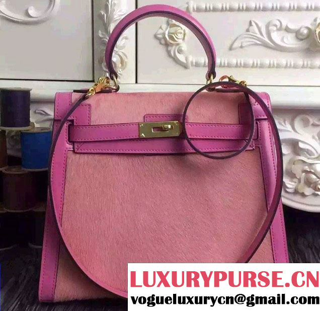 Hermes Kelly 25/28 Pony Hair And Box Leather Bag Pink 2015/2016