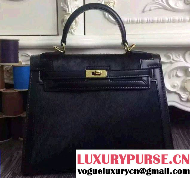 Hermes Kelly 25/28 Pony Hair And Box Leather Bag Black 2015/2016