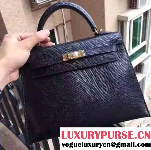 Hermes Lizard Leather Kelly 25/28/32 Bag Black 2016