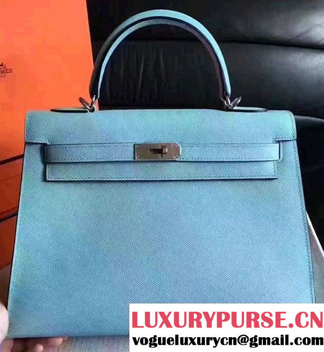 Hermes Kelly 28CM/32CM Bag In Original Epsom Leather With Gold/Silver Hardware Light Blue