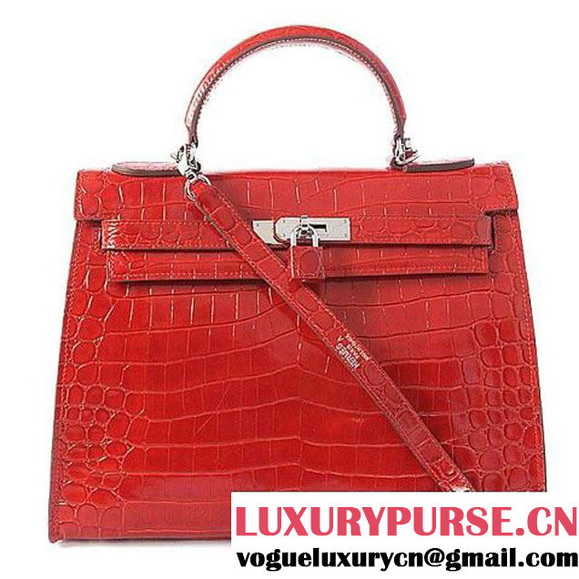 Hermes Kelly 32cm Top Handle Bag Red Croco Leather Silver