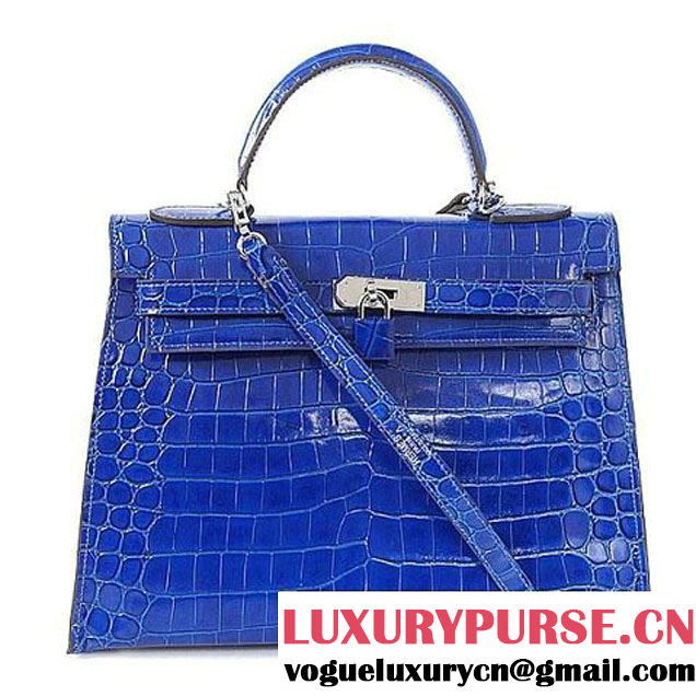 Hermes Kelly 32cm Top Handle Bag Blue Croco Leather Silver