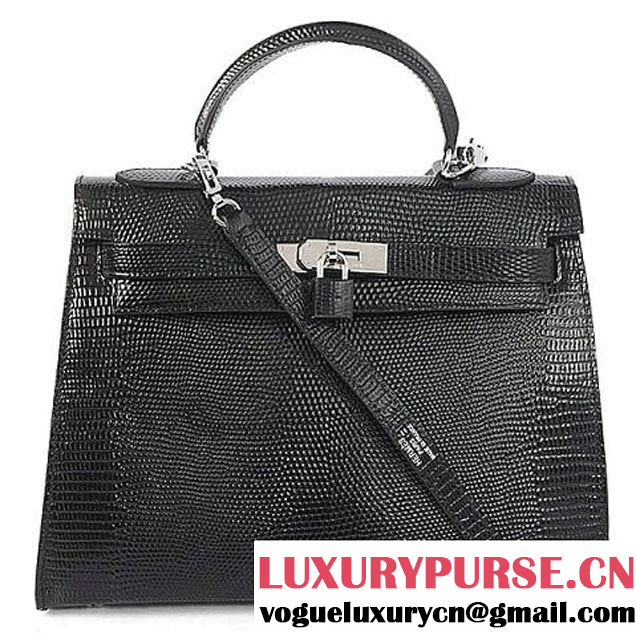 Hermes Kelly 32cm Top Handle Bag Black Lizard Leather Silver