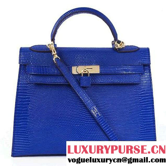 Hermes Kelly 32cm Top Handle Bag Blue Lizard Leather Gold