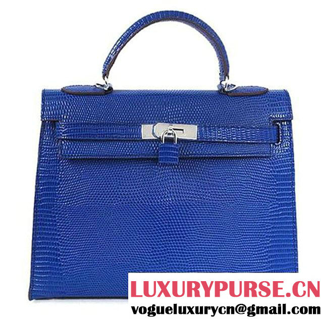 Hermes Kelly 32cm Top Handle Bag Blue Lizard Leather Silver