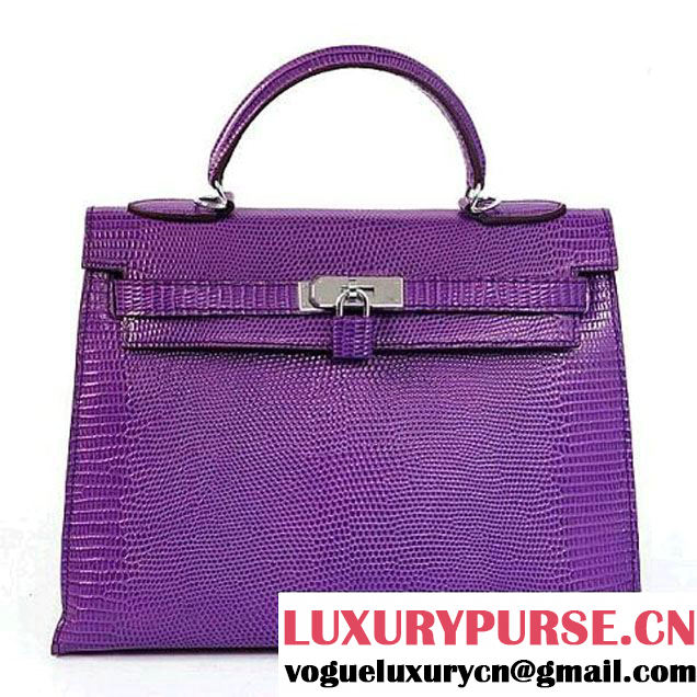 Hermes Kelly 32cm Top Handle Bag Purple Lizard Leather Silver