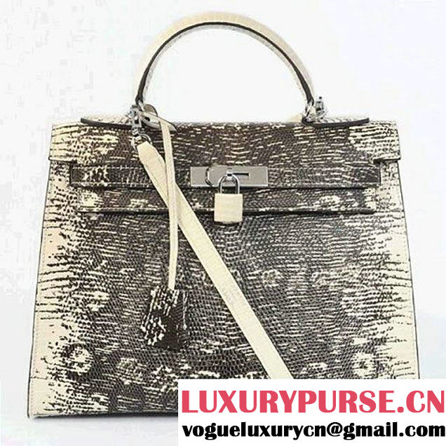 Hermes Kelly 32cm Top Handle Bag Nature Lizard Leather Silver