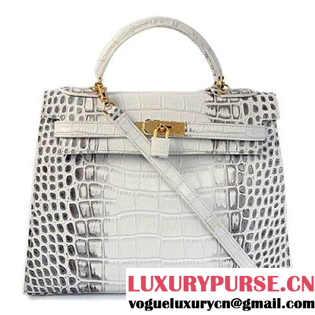 Hermes Kelly 32cm Top Handle Bag Grey Croco Leather Gold