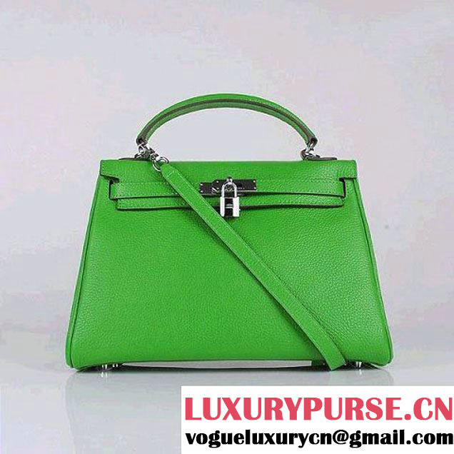 Hermes Kelly 32cm Shoulder Bags Green Clemence Leather Silver