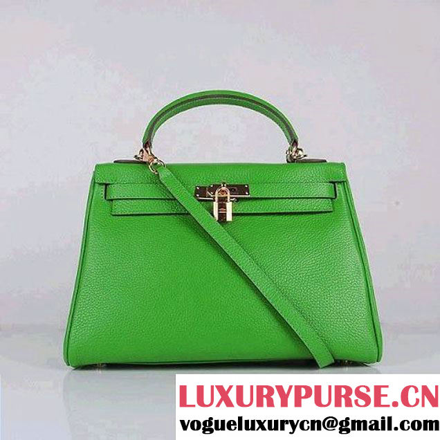 Hermes Kelly 32cm Shoulder Bags Green Clemence Leather Gold