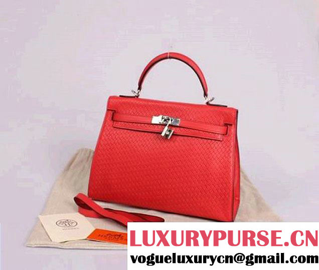 Hermes Kelly 32cm Top Handle Bag Light Red Woven Leather Silver