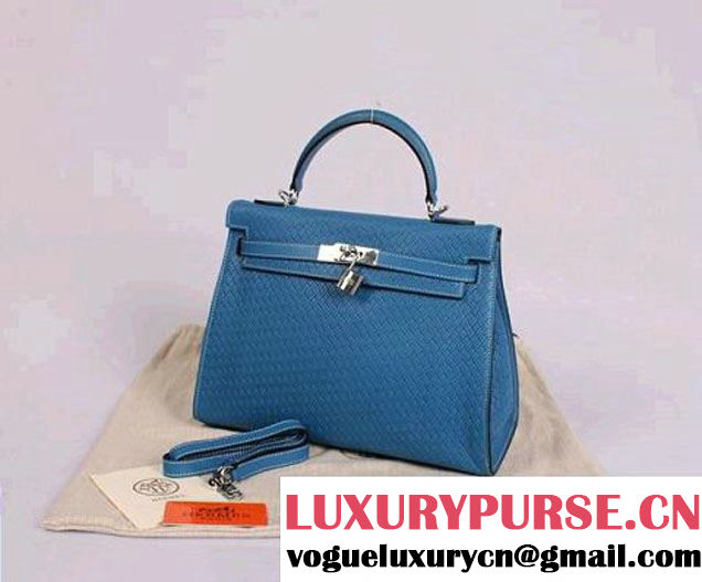 Hermes Kelly 32cm Top Handle Bag Royalblue Woven Leather Silver