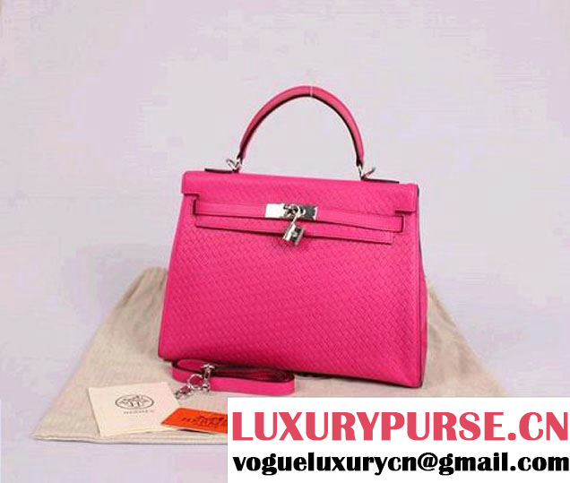 Hermes Kelly 32cm Top Handle Bag Rosy Woven Leather Silver