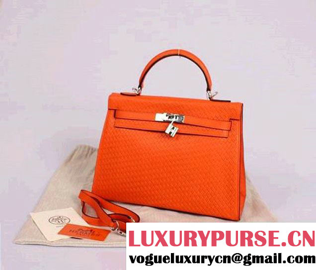 Hermes Kelly 32cm Top Handle Bag Orange Woven Leather Silver