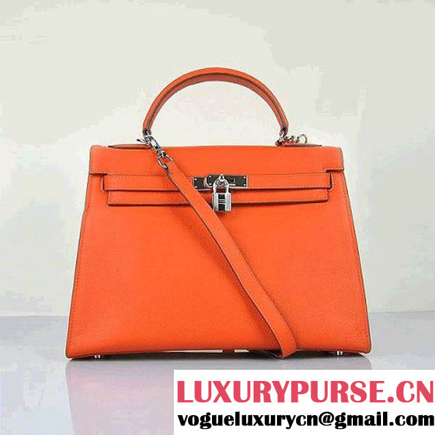 Hermes Kelly 32cm Shoulder Bags H6108 Orange Leather Silver