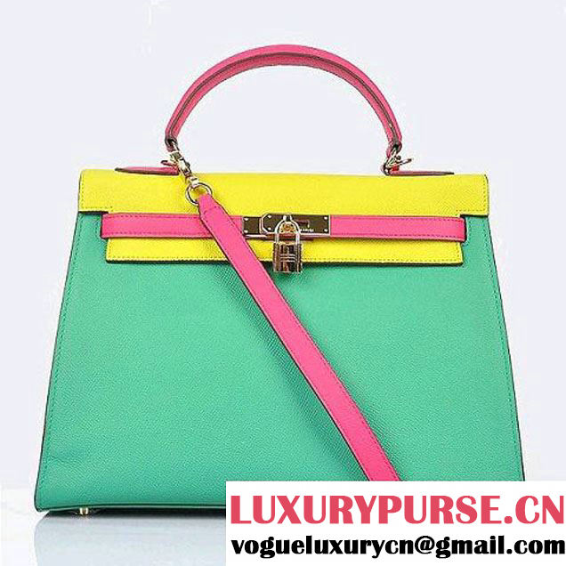 Hermes Kelly 32CM Bags Calf Leather Green-Yellow-Rosy Gold