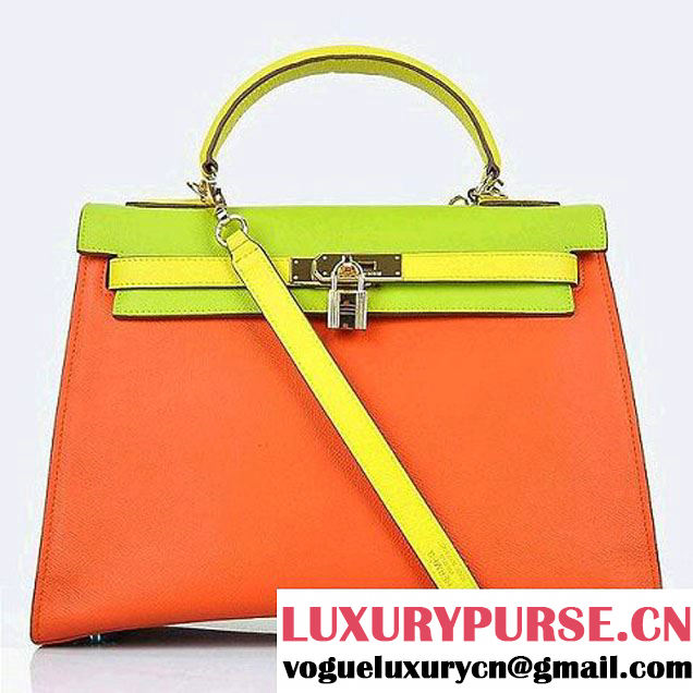 Hermes Kelly 32CM Bags Calf Leather Orange-Green-Yellow Gold