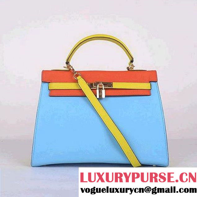 Hermes Kelly 32CM Bags Calf Leather Blue-Orange-Yellow Gold