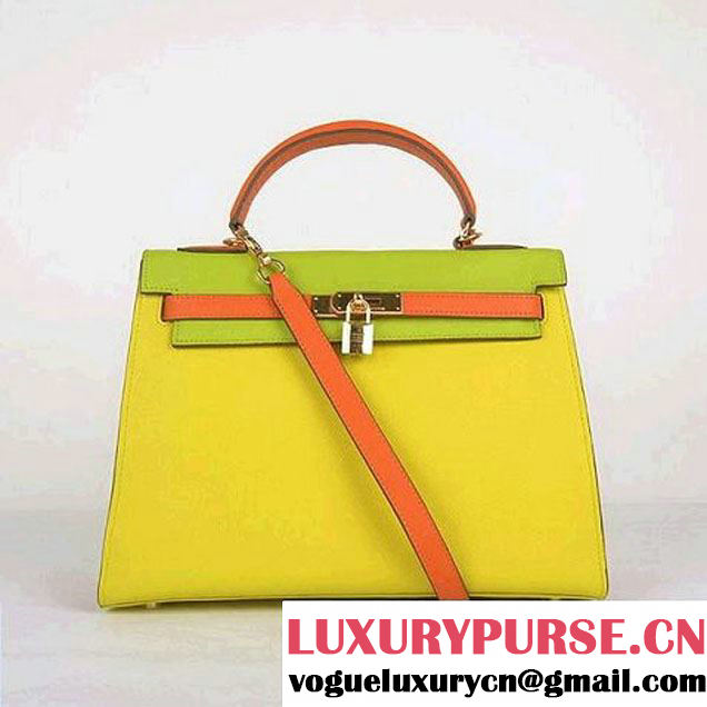 Hermes Kelly 32CM Bags Calf Leather Yellow-Green-Green Gold