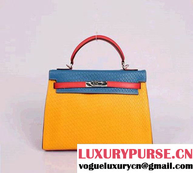 Hermes Kelly 32cm Top Handle Bag Yellow&Blue Woven Leather Silver