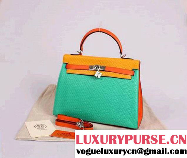 Hermes Kelly 32cm Top Handle Bag Green&Yellow Woven Leather Silver