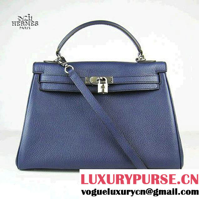 Hermes Kelly 32cm Togo Leather Bag Dark Blue 6108 Silver Hardware