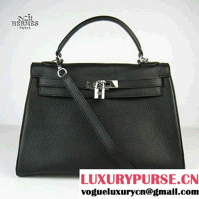 Hermes Kelly 32cm Togo Leather Bag Black 6108 Silver Hardware