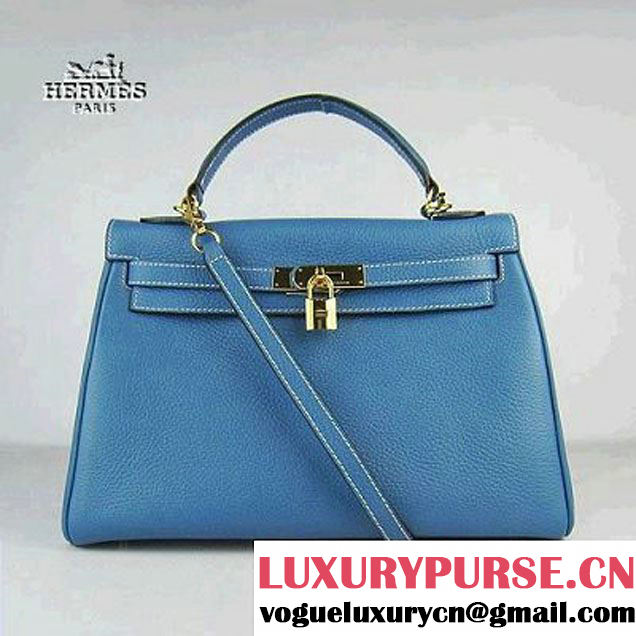 Hermes Kelly 32cm Togo Leather Bag Blue 6108 Gold Hardware