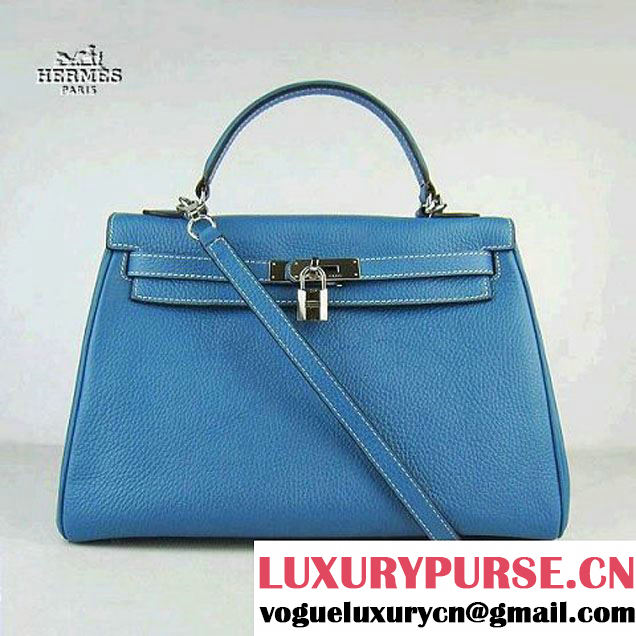 Hermes Kelly 32cm Togo Leather Bag Blue 6108 Silver Hardware