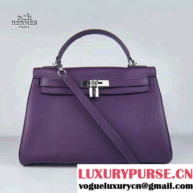 Hermes Kelly 32cm Togo Leather Bag Purple 6108 Silver Hardware