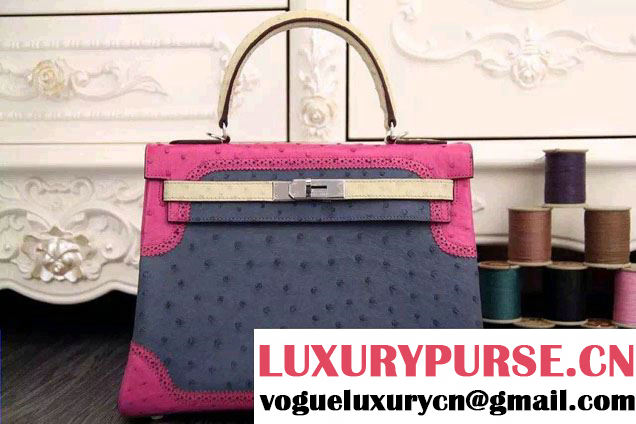 Hermes Ostrich Leather Kelly 28/32 Tricolor Bag Dark Blue/Fushia/Beige 2015