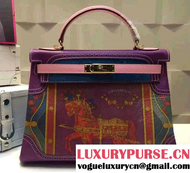 Hermes Kelly 32cm Bag in Original Leather Horse Purple/Blue 2016