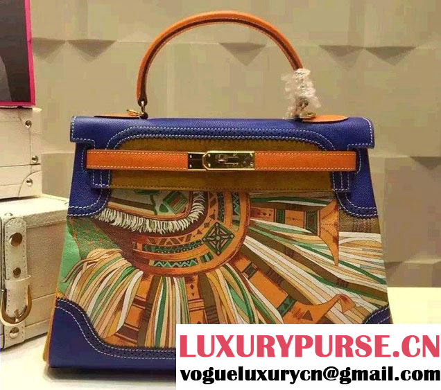 Hermes Kelly 32cm Bag in Original Leather Blue/Yellow 2016