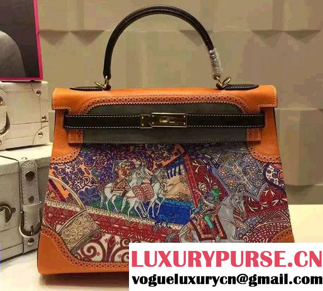 Hermes Kelly 32cm Bag in Original Leather Horse Orange/Gray 2016