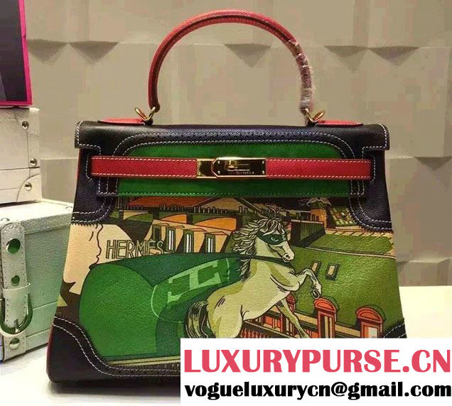 Hermes Kelly 32cm Bag in Original Leather Horse Black/Green 2016