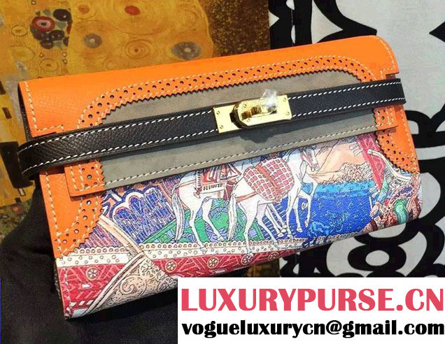 Hermes Kelly Long Wallet Clutch Bag in Original Leather Horse Orange/Gray 2016