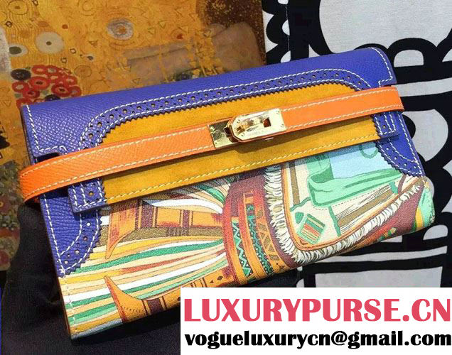 Hermes Kelly Long Wallet Clutch Bag in Original Leather Blue/Yellow 2016