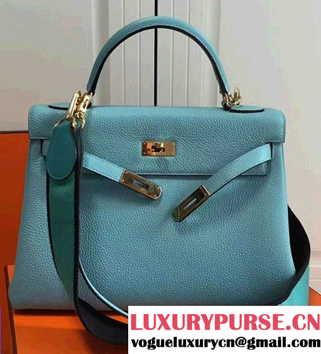 Hermes Kelly 32/28 Togo Leather With Amazon Strap Bag Light Blue 2016