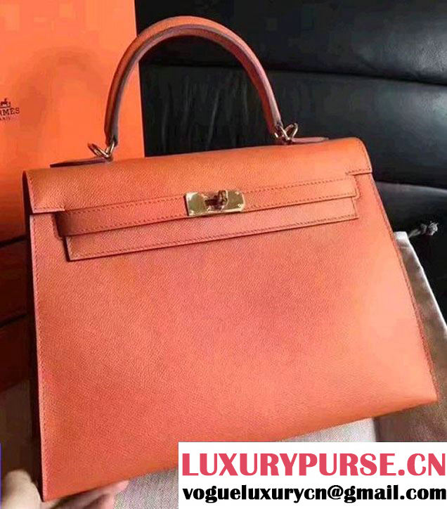 Hermes Kelly 28CM/32CM Bag In Original Epsom Leather With Gold/Silver Hardware Orange