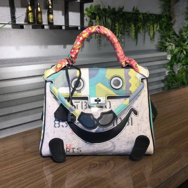 Hermes Kelly Doll 30cm Bag Canvas Bag Handstitched Palladium Hardware, White/Green