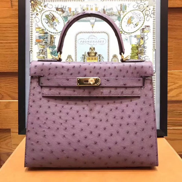 Hermes Original Ostrich Leather Kelly 25cm/28cm Lilac Collection