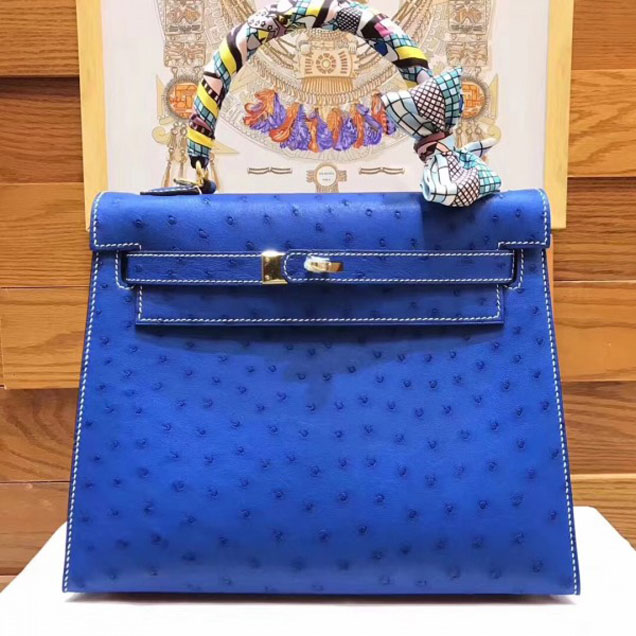 Hermes Original Ostrich Leather Kelly 25cm/28cm Blue Collection