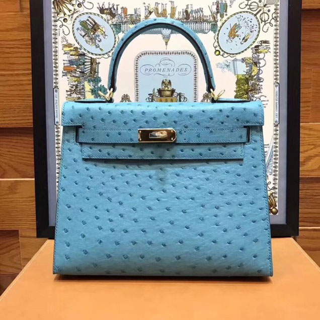 Hermes Original Ostrich Leather Kelly 25cm/28cm Macaron Blue Collection