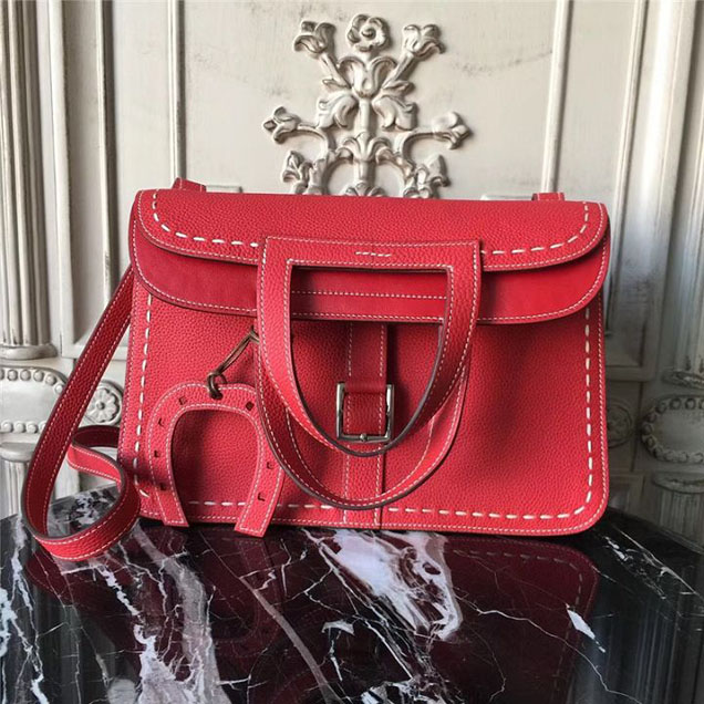 Hermes Halzan 31cm Togo Calfskin Bag Handstitched Palladium Hardware Red